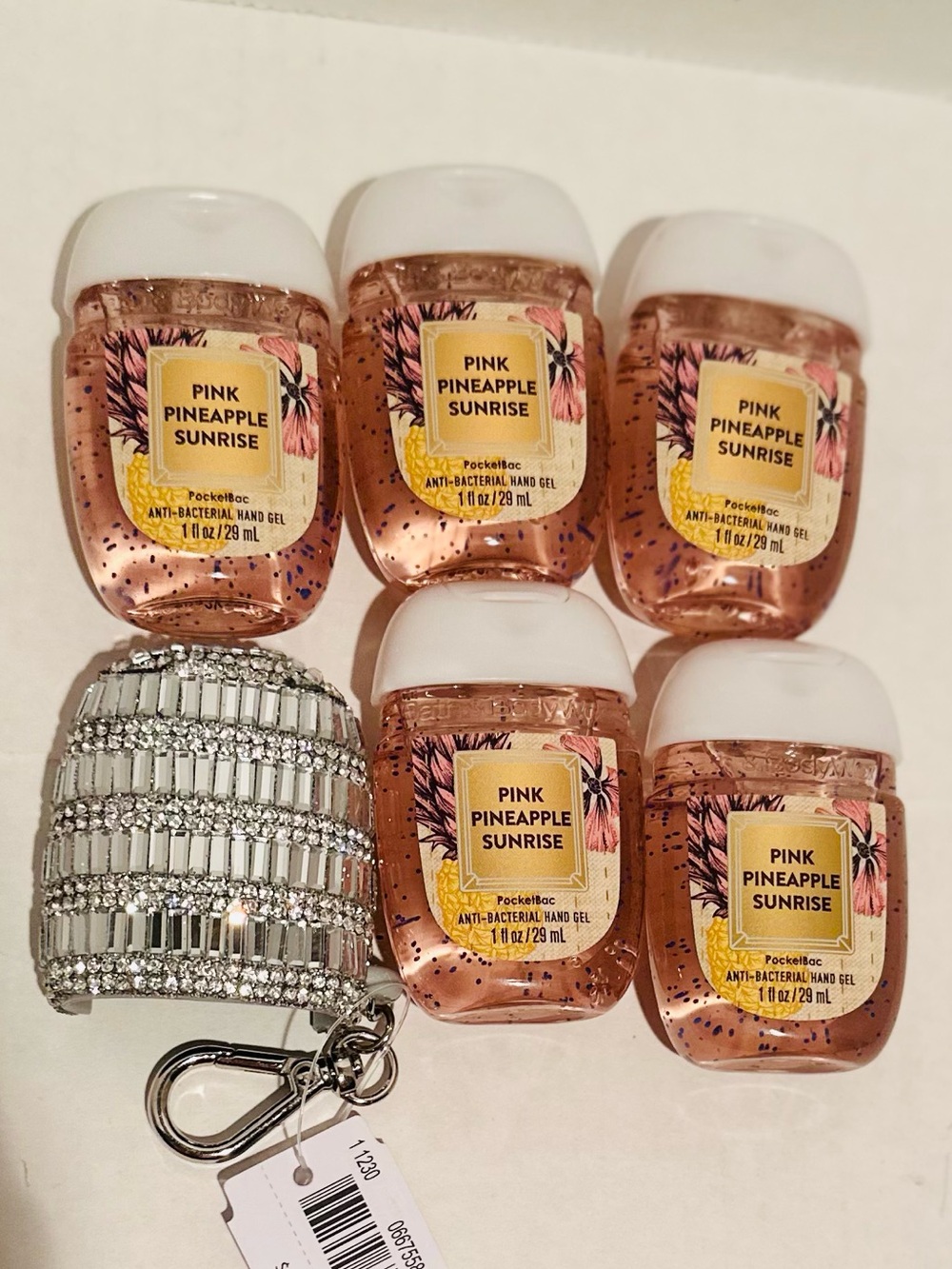 Bath & Body NEW (5) Pink Pineapple Sanitizers & Baguette Gem PocketBac Holder